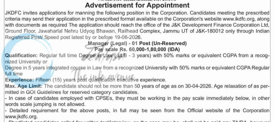 J and K Development Finance Corporation Ltd JKDFC Jammu Manager Legal employment opportunities notice JKDFC-CS/3/2025/2014