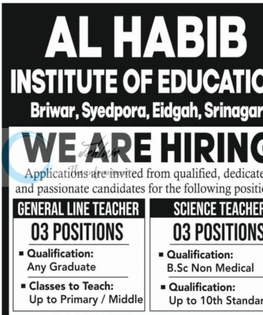 Al Habib Institute of Education Srinagar teaching job opportunities 2026