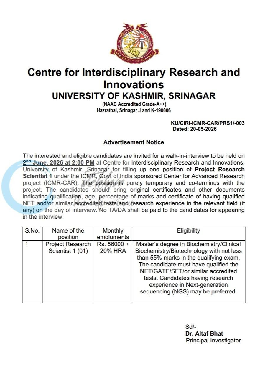 University of Kashmir KU CIRI Srinagar Project Research Scientist 1 job opportunities KU/CIRI-ICMR-CAR/PRS1/-003