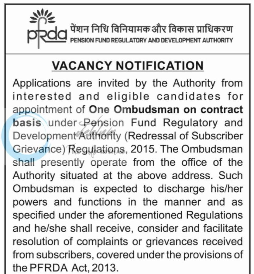 Pension Fund Regulatory and Development Authority PFRDA Ombudsman Recruitment Notification 2026