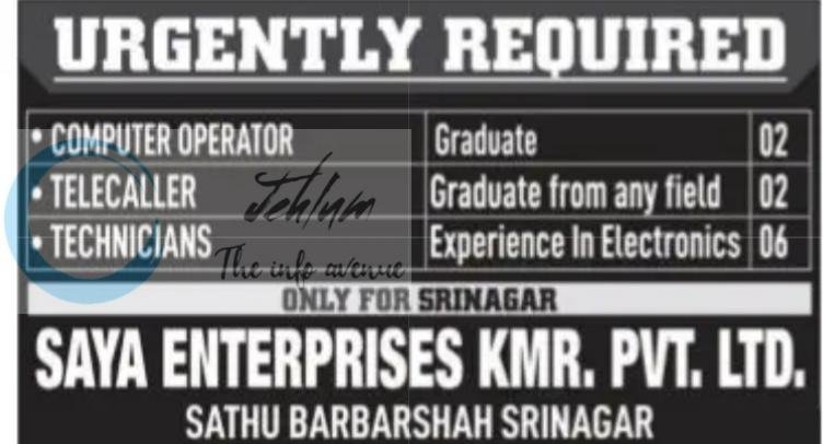 Saya Enterprises Kmr Pvt Ltd Srinagar ComputerOperator/Telecaller/Technicians job opportunities 2026