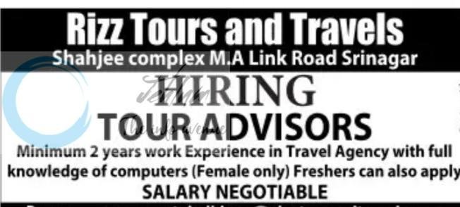 Rizz Tours and Travels Srinagar Tour Advisors job opportunities 2026