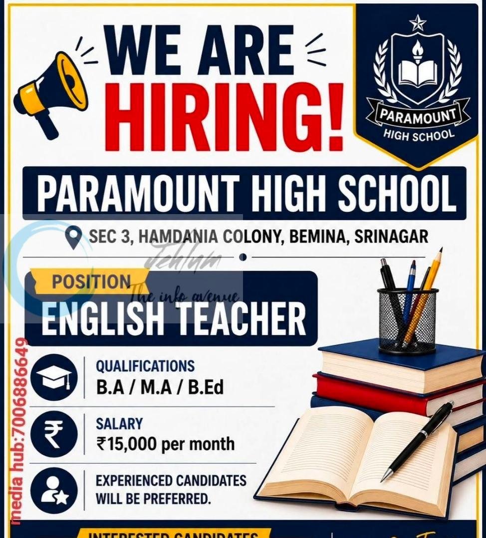 Paramount High School PHS Bemina Srinagar teaching job opportunities 2026