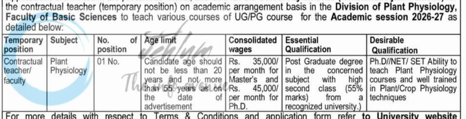SKUAST jammu Faculty of Basic Sciences Chatha Contractual teacher job opportunities notice 02 of 2026