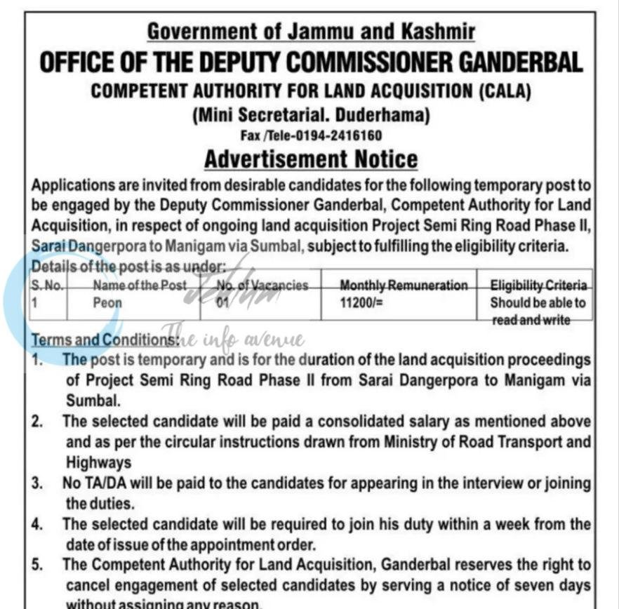 Office of the Deputy Commissioner Ganderbal DCG CALA Ganderbal Peon job opportunities 2026