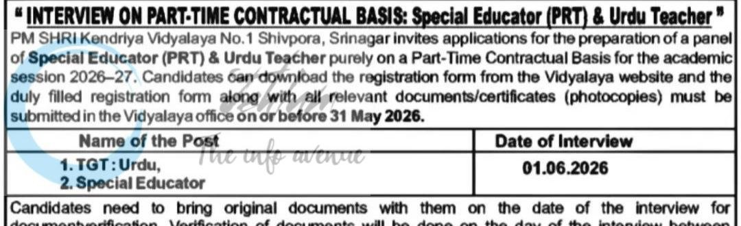 PM SHRI Kendriya Vidyalaya No 1 Batwara KVS Srinagar teaching job opportunities 2026