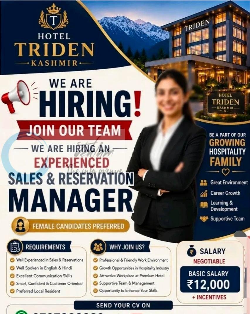 Hotel Triden Kashmir HTK Srinagar Sales and Reservation Manager job opportunities 2026