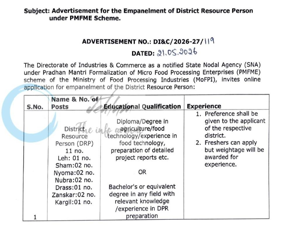 DI&C Ladakh PMFME Scheme District Resource Person Recruitment Advertisement No DI&C/2026-27/119