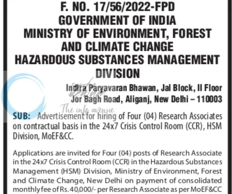 Government of India MoEFCC Hazardous Substances Management Division New Delhi Research Associates employment opportunities notice F/NO/17/56/2022-FPD