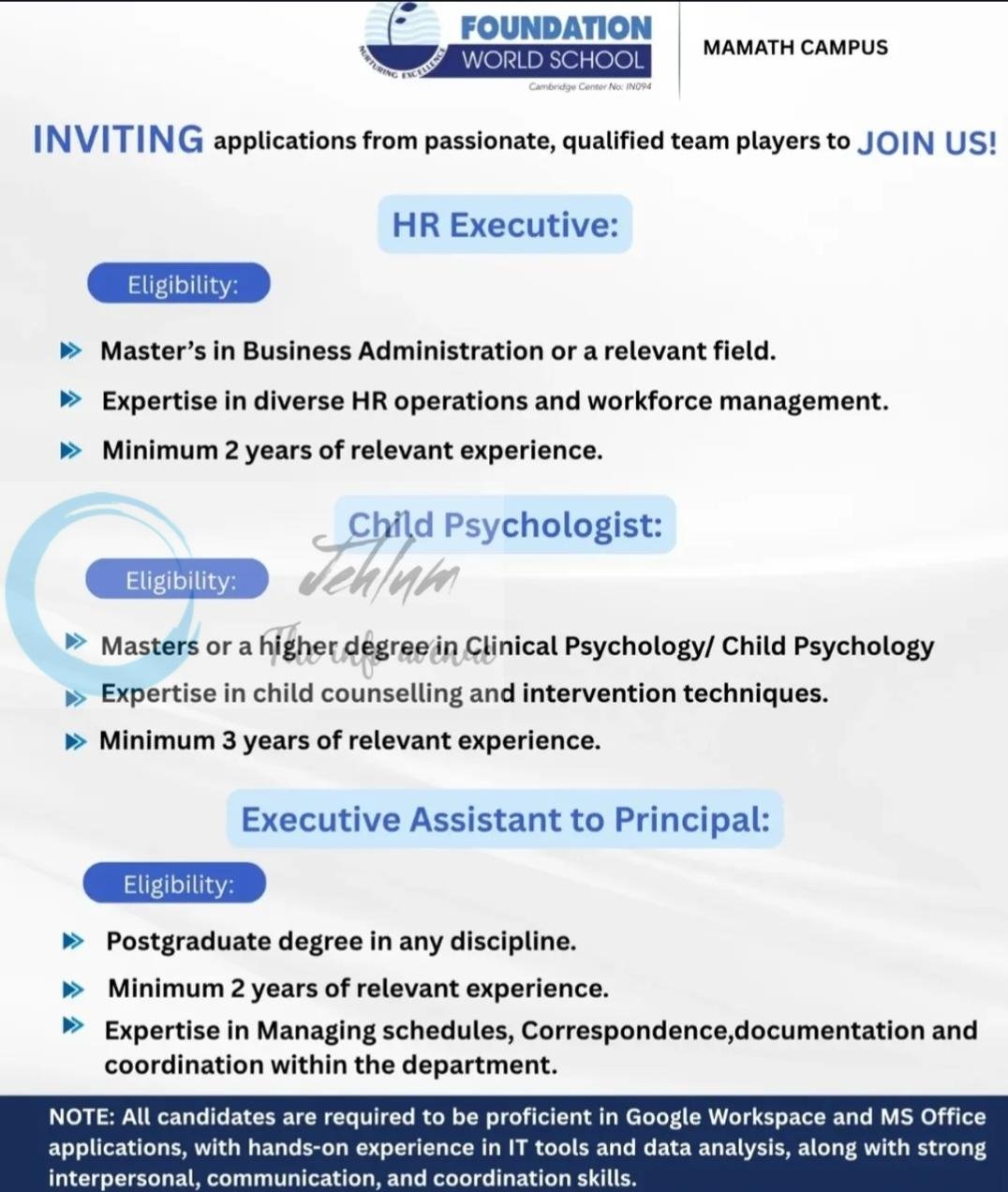 Foundation World School Srinagar HR Executive/ Child Psychologist/ Executive Assistant Jobs Advertisement No FWS/HR-CP-EA/SGR/2026