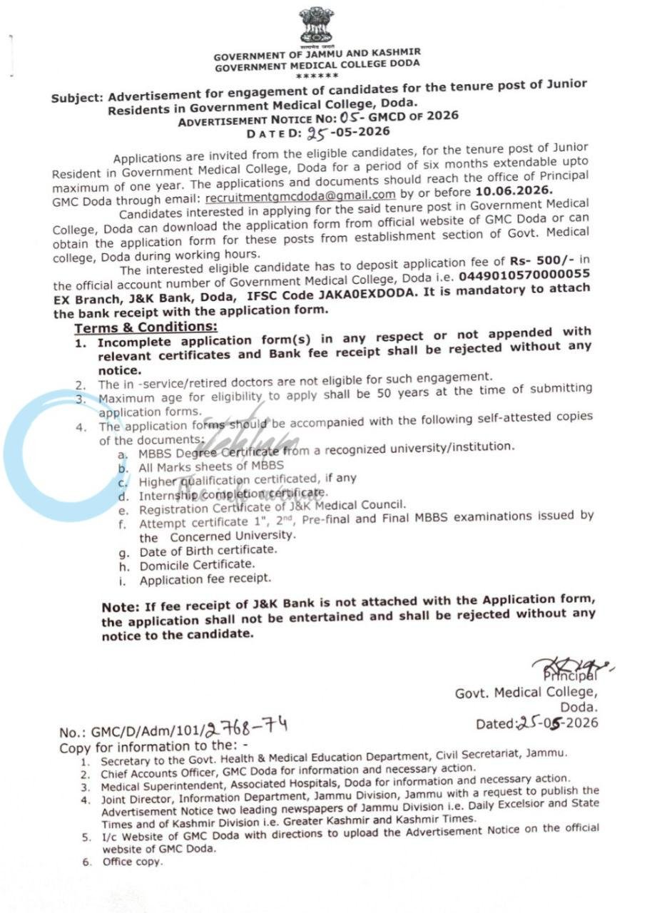 Government Medical College Doda GMCD Doda Junior Residents job opportunities 05-GMCD of 2026 1 Government Medical College Doda GMCD Doda Junior Residents job opportunities 05-GMCD of 2026