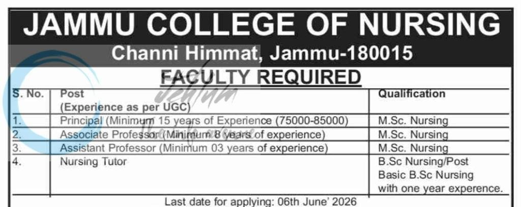Jammu College of Nursing Principal/ Professor/ Tutor Recruitment Advt Notice JCN/FACULTY/2026-01