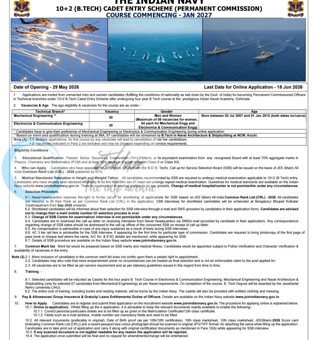 The Indian Navy 10+2 BTech Cadet Entry Scheme amazing opportunities 2026