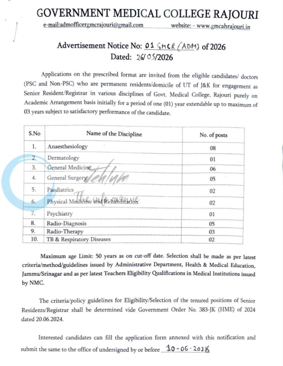 Government Medical College Rajouri GMCR faculty job opportunities notice 01 GMCR ADM of 2026