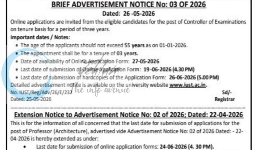 Islamic University of Science and Technology IUST Awantipora Controller of Examinations Professor Architecture job opportunities notice 03/02 of 2026