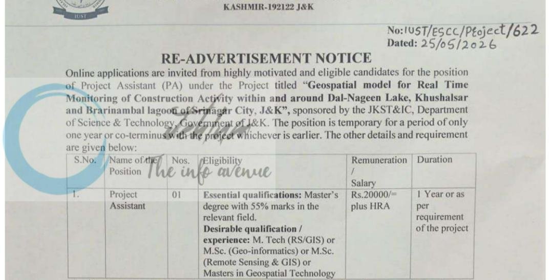 IUST Department of Environment Kashmir Project Assistant employment opportunities notice IUST/ESCC/Project/622 of 2026