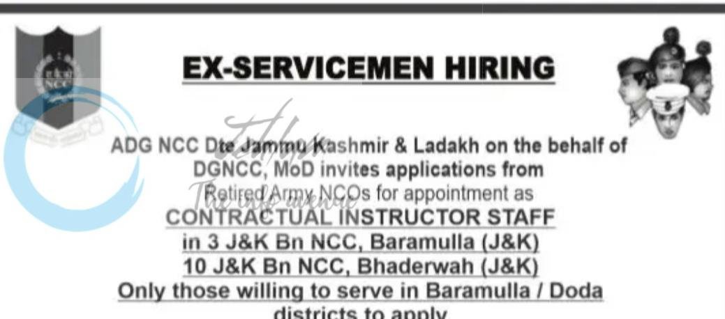 ADG NCC Dte Jammu Kashmir and Ladakh Contractual Instructor Staff employment opportunities 2026
