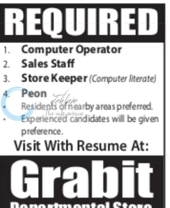 Grabit Departmental Store Srinagar Computer Operator Sales Staff Store Keeper job opportunities 2026