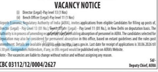 Airports Economic Regulatory Authority of India AERA New Delhi Director/Bench Officer employment opportunities notice CBC 03112/12/0004/2627