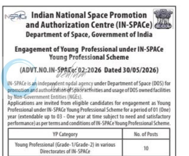 Indian National Space Promotion and Authorization Centre IN-SPACe Department of Space Young Professional Grade-1/Grade-2 employment opportunities notice IN-SPACe 02/2026