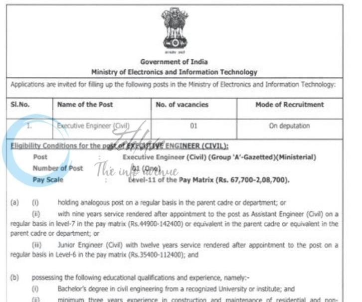 Ministry of Electronics and Information Technology MeitY New Delhi Executive Engineer Civil employment opportunities notice CBC 06101/11/0013/2627
