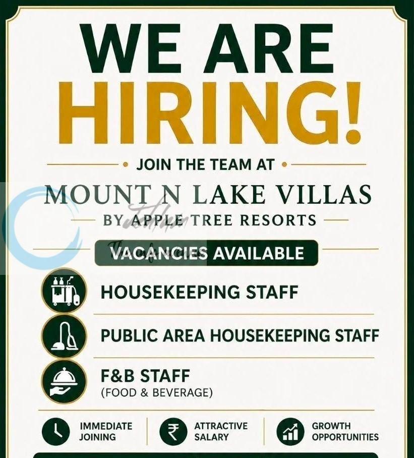 Mount N Lake Villas Srinagar Housekeeping Staff Public Area Housekeeping Staff FandB Staff job opportunities 2026