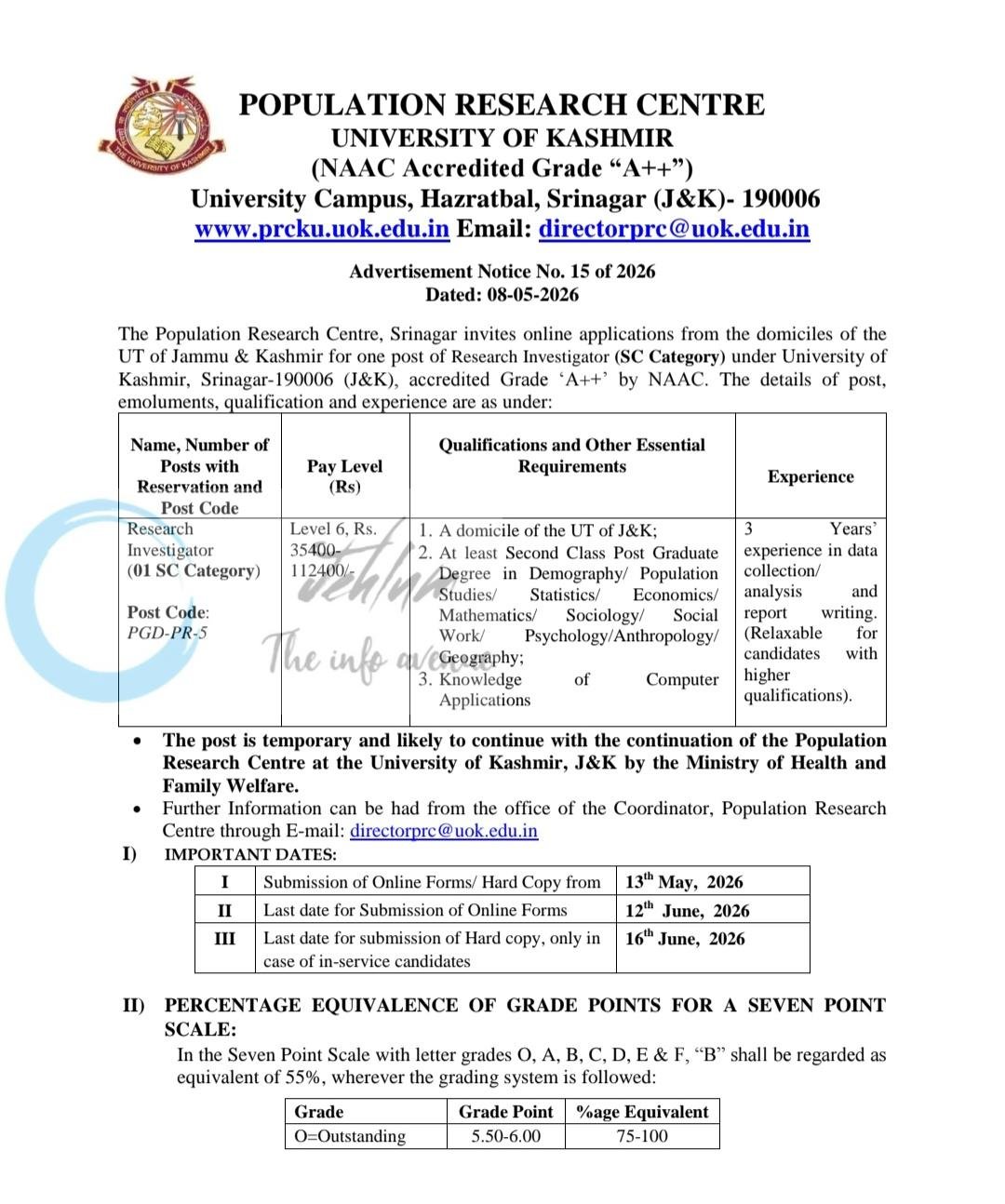 University of Kashmir KU Population Research Centre Research Officer/ Data Entry Operator Recruitment Advertisement Notice No 15 of 2026