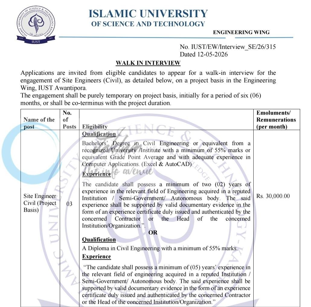 Islamic University of Science and Technology IUST Awantipora Site Engineer Civil Walk-in Interview Notification 2026
