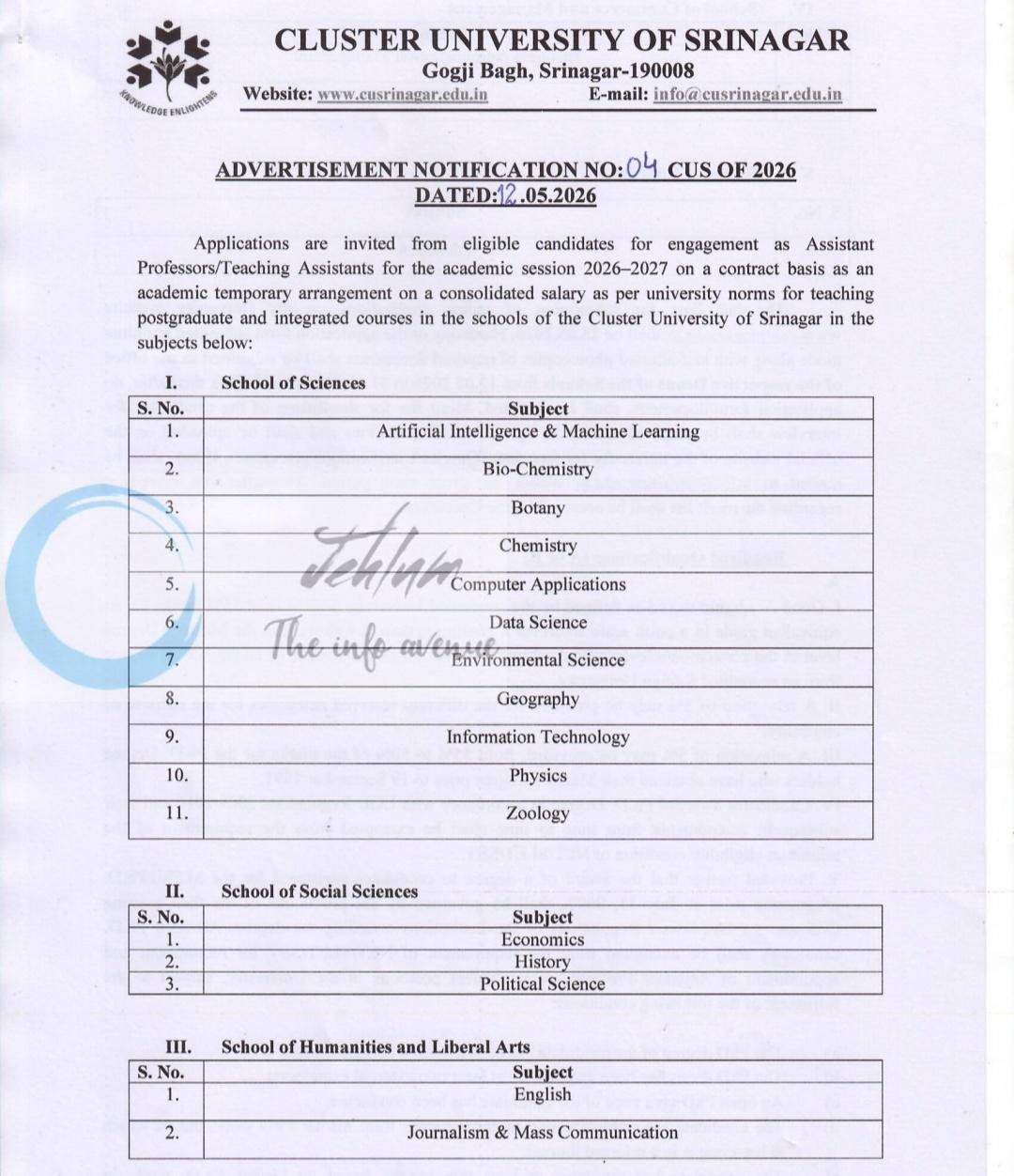 Cluster University of Srinagar CUS Assistant Professor/ Teaching Assistant Contract Recruitment Advertisement No 4 CUS OF 2026