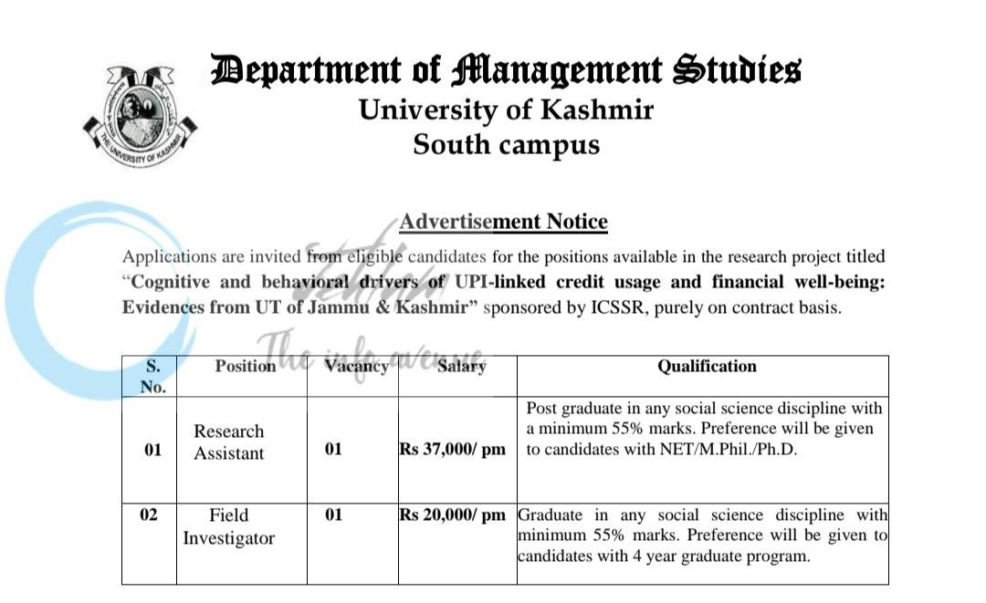 University of Kashmir Deptt of Management Studies South Campus Research Assistant/ Field Investigator ICSSR Project Recruitment 2026 1 University of Kashmir Deptt of Management Studies South Campus Research Assistant/ Field Investigator ICSSR Project Recruitment 2026