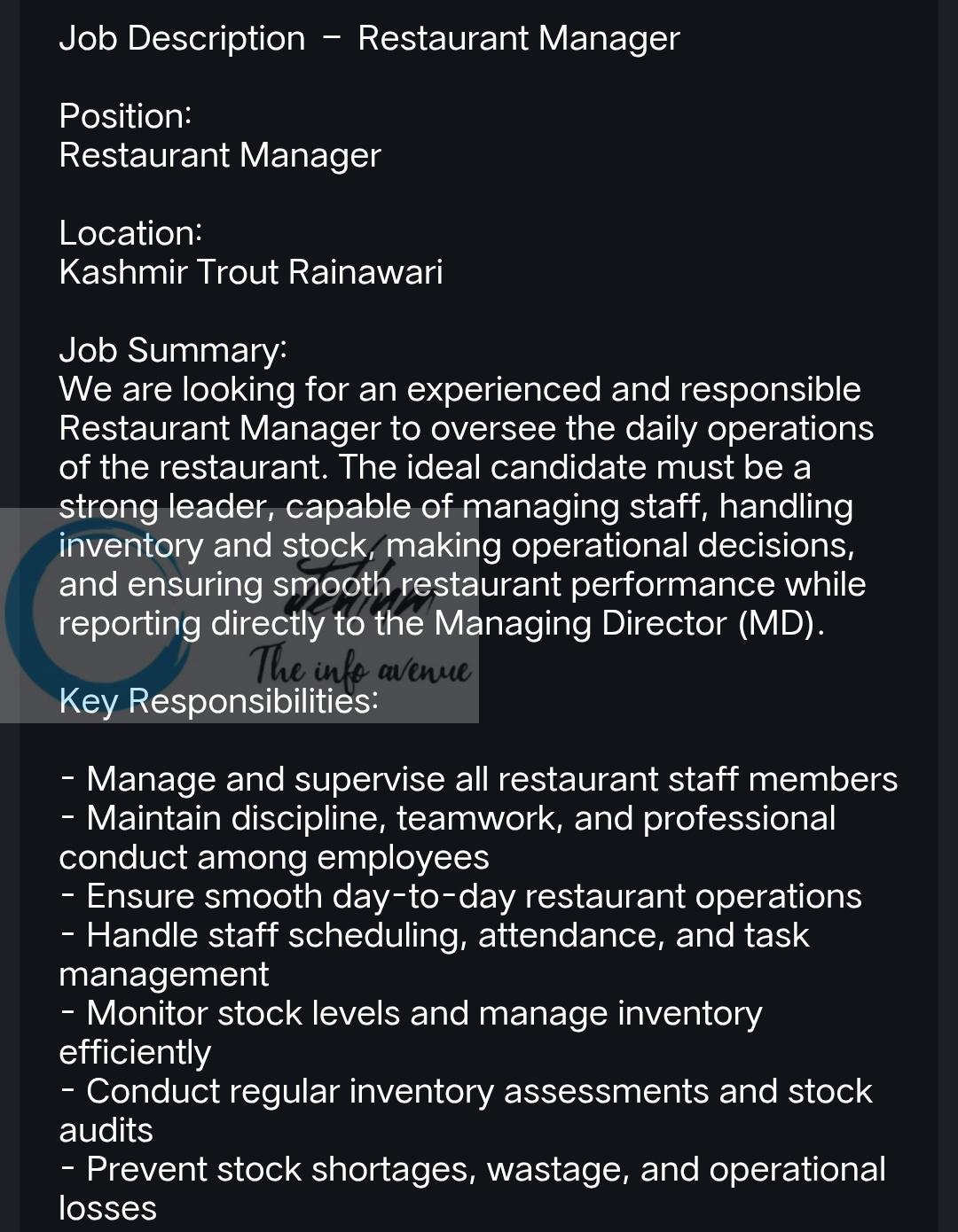 Kashmir Trout Rainawari Restaurant Manager Jobs Openings 2026