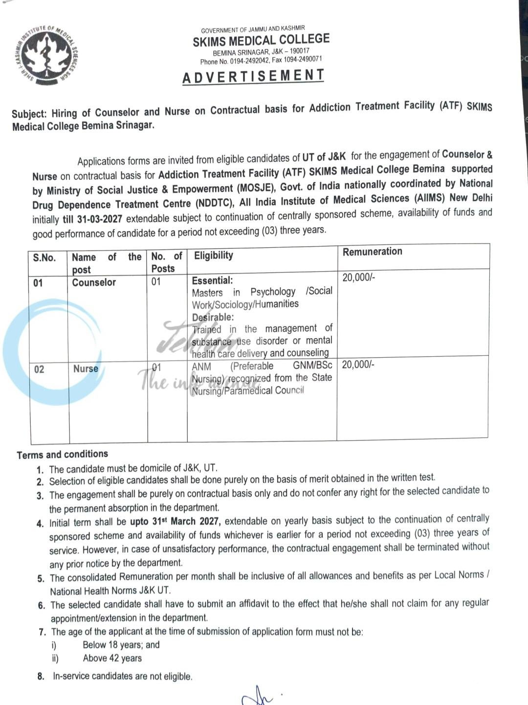 SKIMS Medical College Bemina Counselor/ Nurse ATF Scheme Recruitment Advertisement Notice 2026