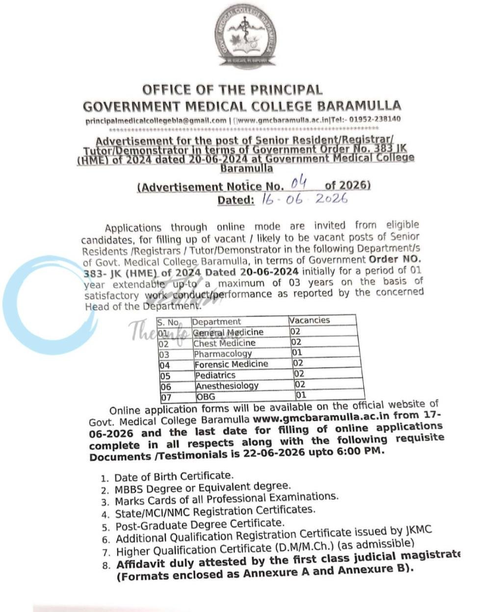 GMC Baramulla Senior Residents Registrars Tutor Demonstrator employment opportunities notice 04 of 2026