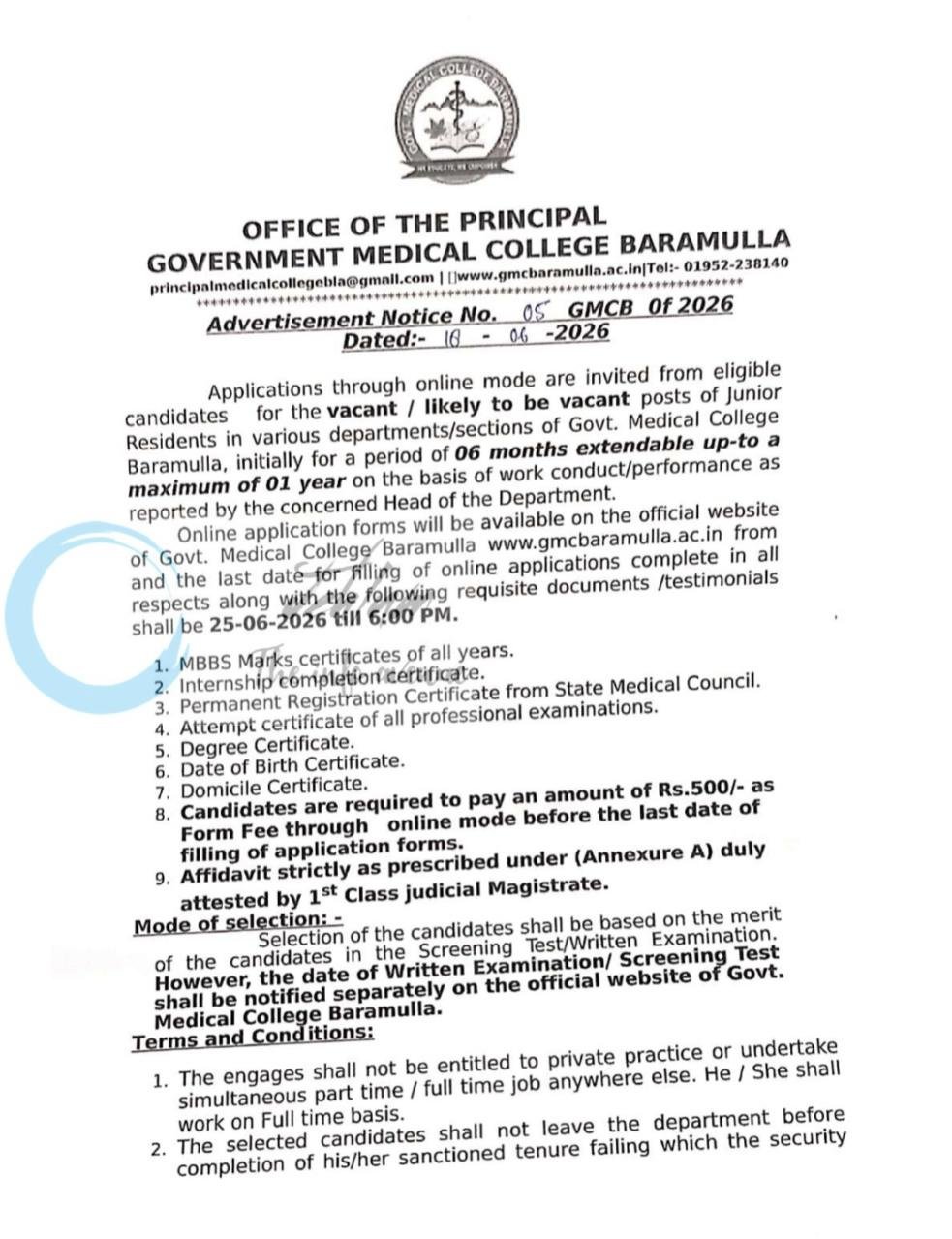 GMC Baramulla Junior Resident employment opportunities 2026