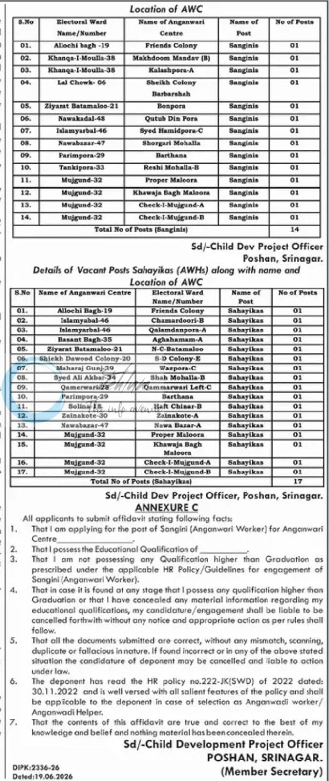Office of the Child Development Project Officer POSHAN Project Srinagar Sanginis AWW Sahayikas AWH employment opportunities notice 03-CDPO/SGR of 2026