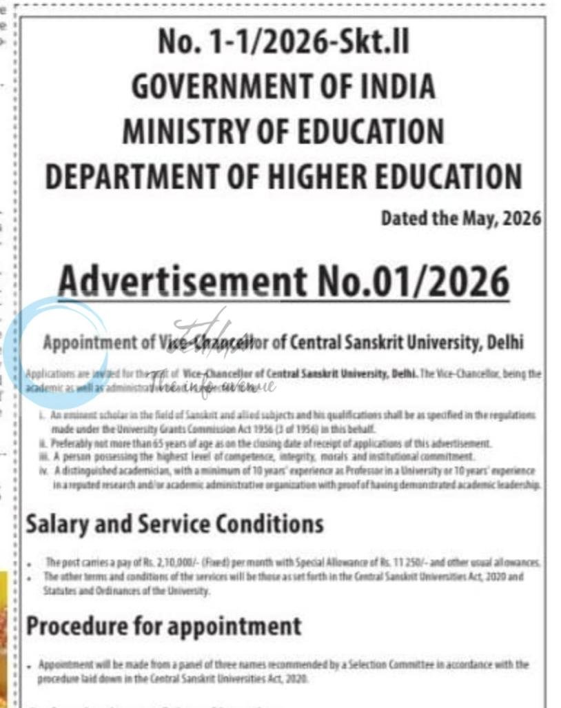 Ministry of Education Central Sanskrit University Delhi Vice Chancellor employment opportunities notice 01/2026