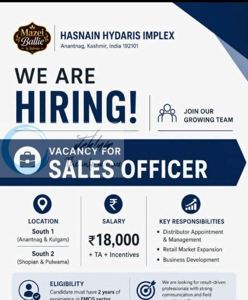 Hasnain Hydaris Implex Anantnag Sales Officer job opportunities 2026