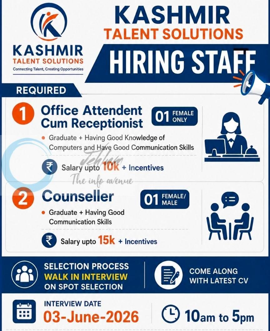 Kashmir Talent Solutions Srinagar Office Attendent Cum Receptionist Counsellor job opportunities 2026