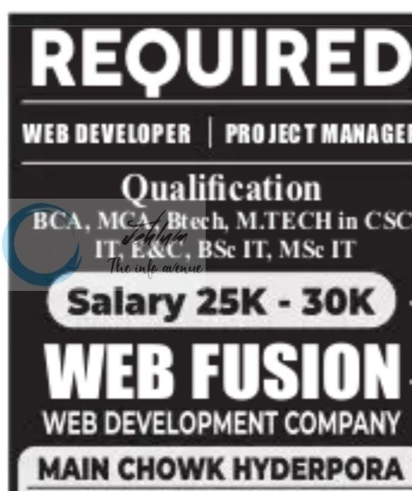 Web Fusion WF Srinagar Web Developer Project Manager job opportunities 2026