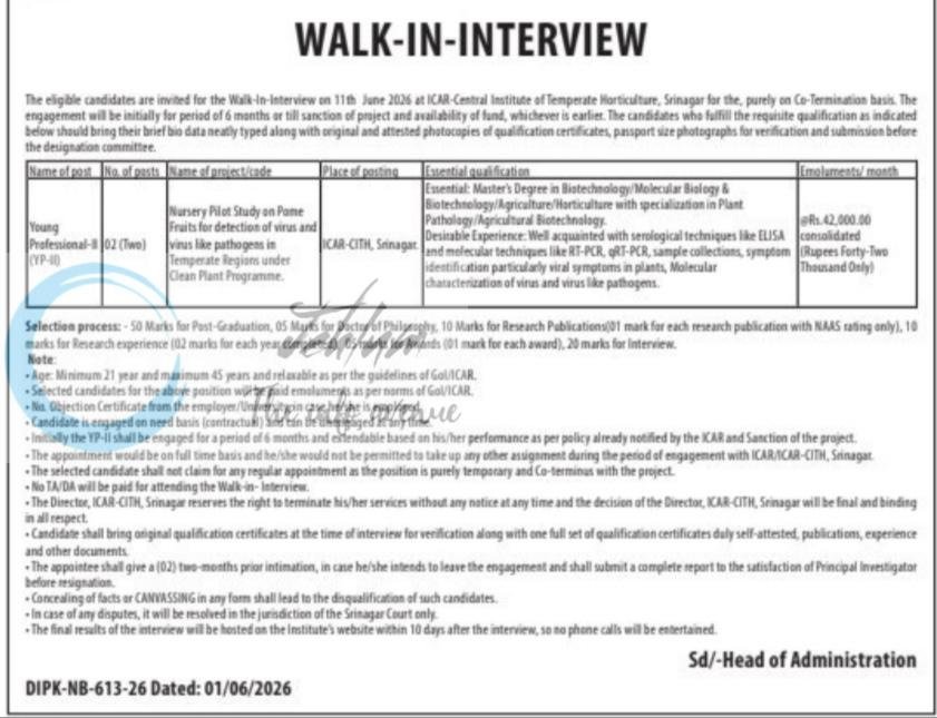 ICAR-Central Institute of Temperate Horticulture ICAR-CITH Srinagar Young Professional-II employment opportunities notice 1-1/339/Estt/2026