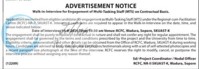Regional cum Facilitation Centre SKUAST Wadura Sopore Multi-Tasking Staff MTS Contractual employment opportunities AU/RCFC/NR-II/2026-27/251 2026