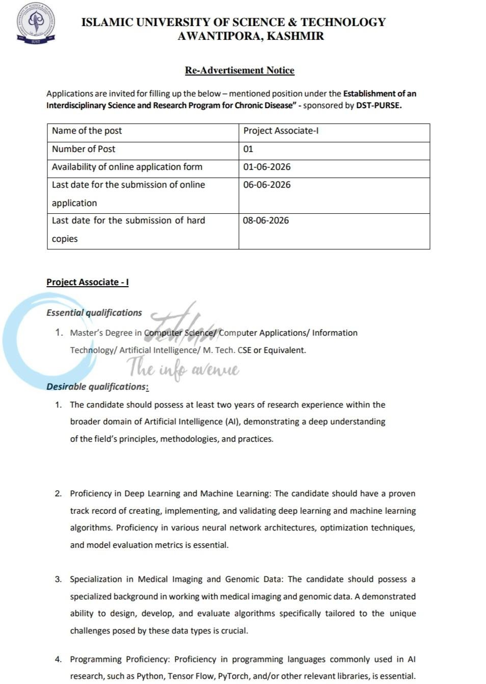 Islamic University of Science and Technology IUST Awantipora Project Associate-I employment opportunities notice IUST/DSOHS-PURSE/26/148