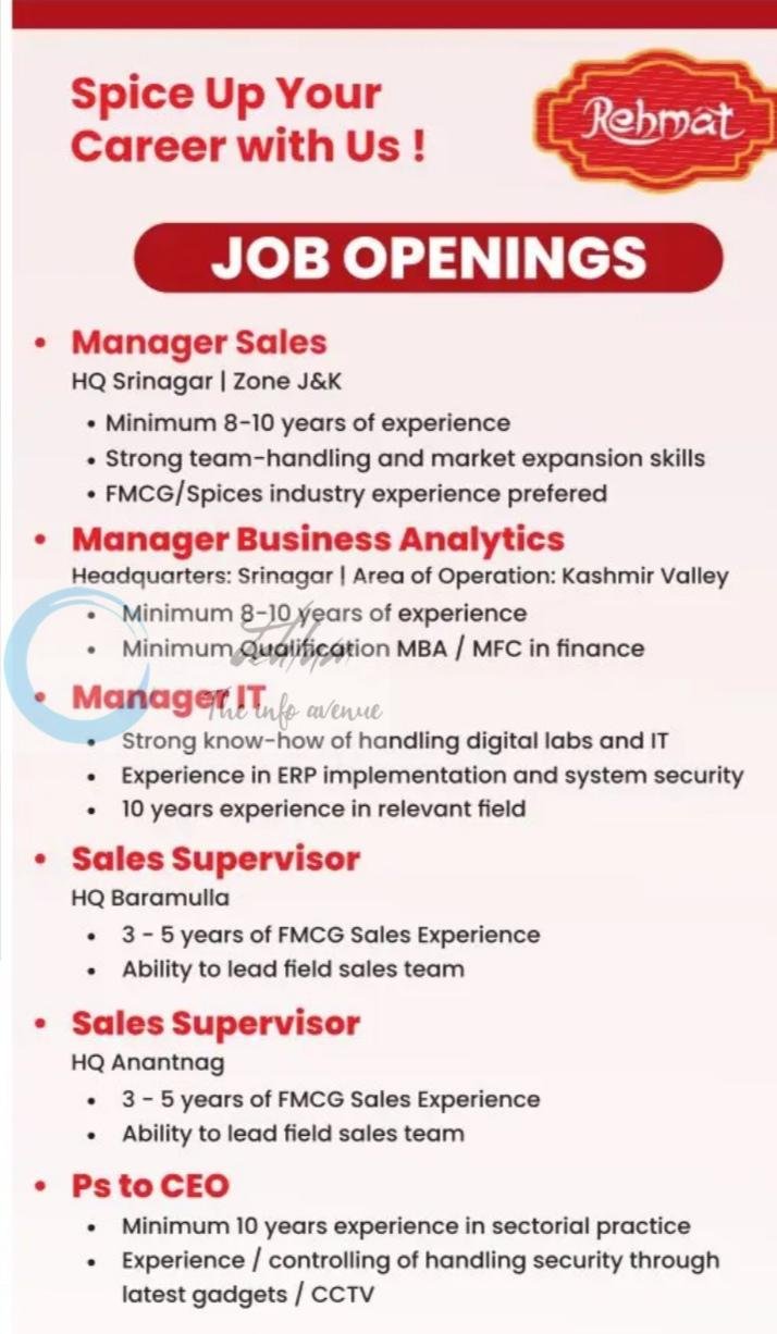 Rehmat Srinagar Manager Sales Manager Business Analytics Manager IT job opportunities 2026