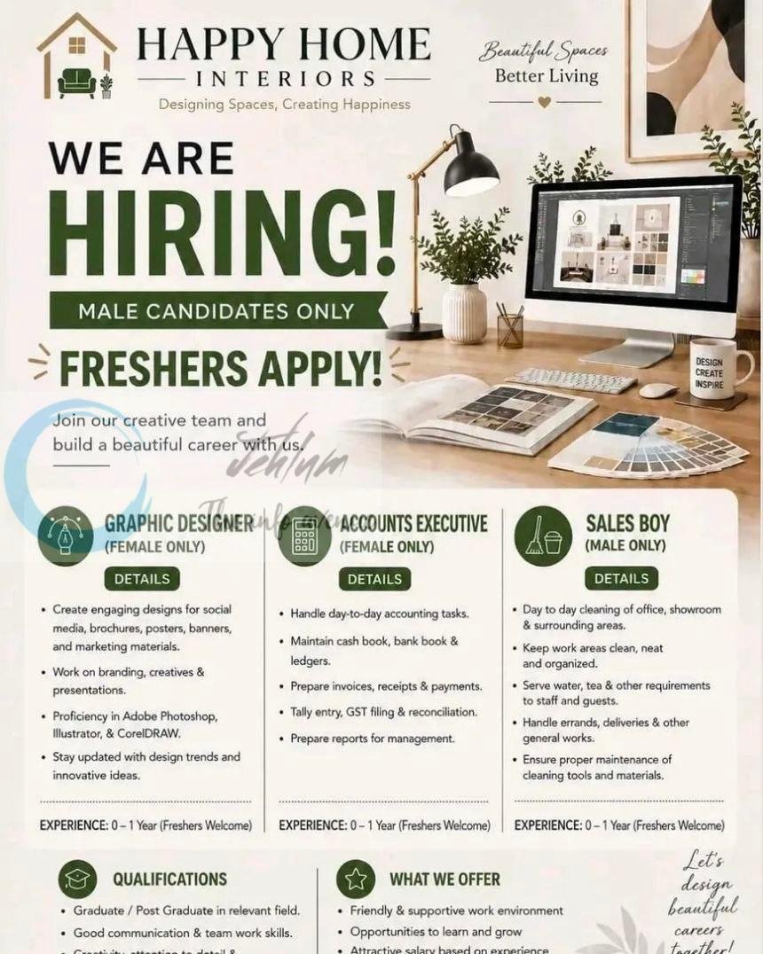 Happy Home Interiors Srinagar Graphic Designer Accounts Executive Sales Boy job opportunities 2026