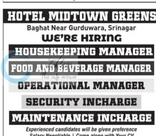 Hotel Midtown Greens Srinagar Housekeeping Manager Food and Beverage Manager Operational Manager 2026