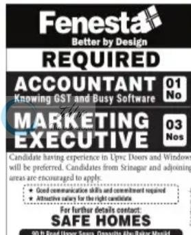 Safe Homes Fenesta Srinagar Accountant Marketing Executive job opportunities 2026