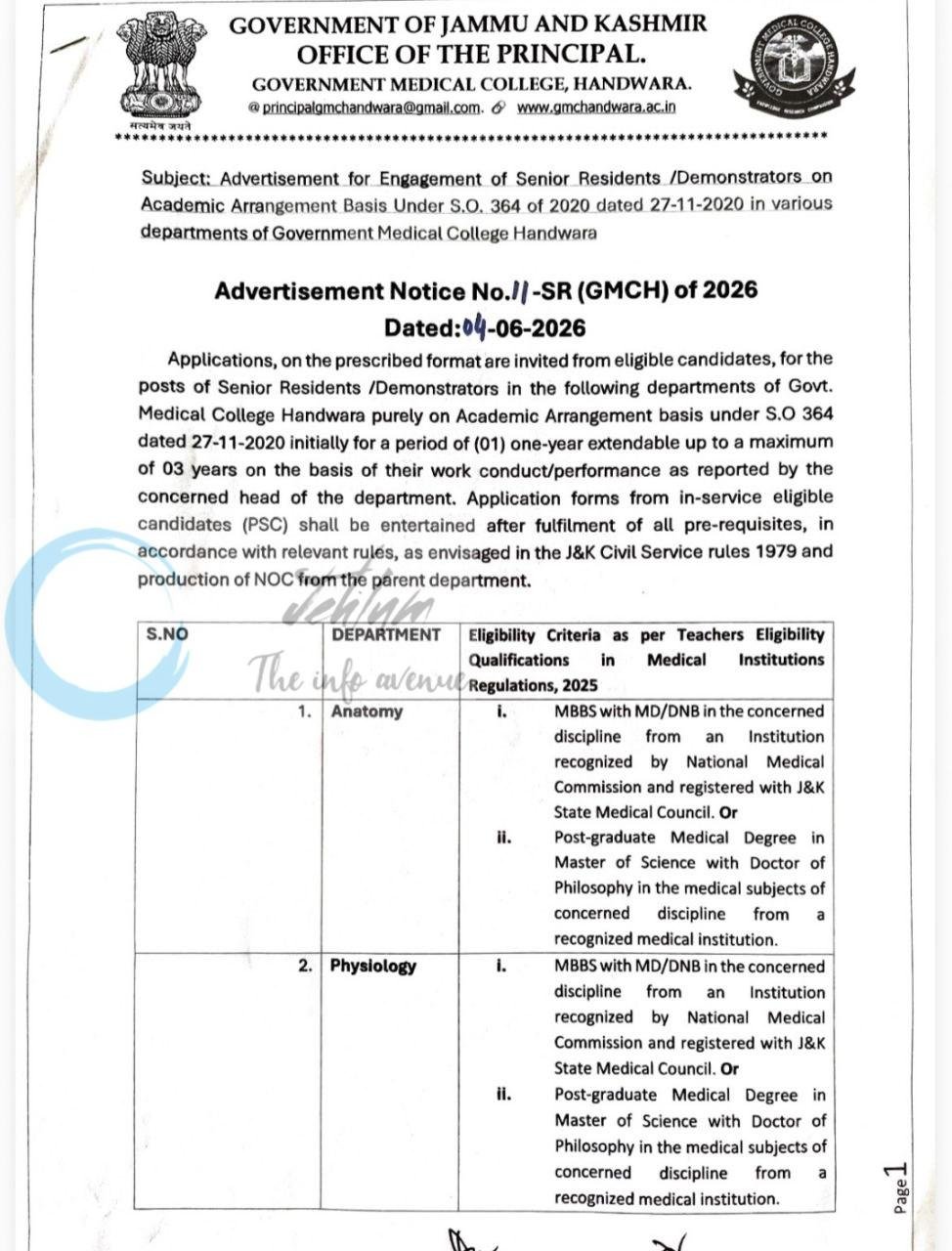Government Medical College Handwara GMCH Anatomy Physiology Handwara Senior Residents employment opportunities notice 11-SR/GMCH of 2026