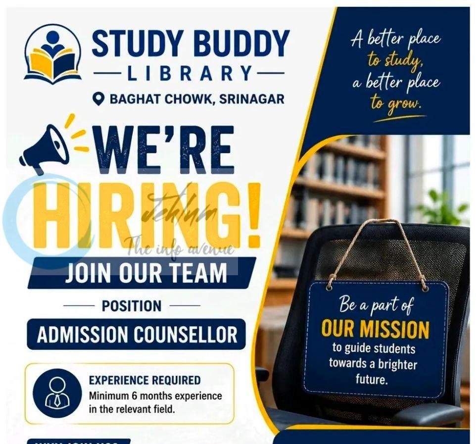 Study Buddy Library SBL Srinagar Admission Counsellor job opportunities 2026