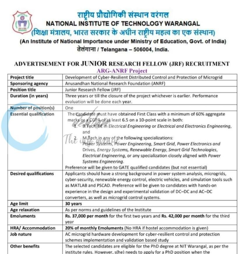 National Institute of Technology NIT Warangal JRF employment opportunities 2026