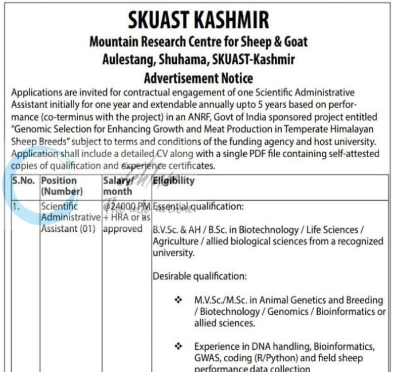 SKUAST Kashmir Mountain Research Centre for Sheep & Goat Aulestang Scientific Administrative Assistant Recruitment Advertisement Notice 2026 1 SKUAST Kashmir Mountain Research Centre for Sheep & Goat Aulestang Scientific Administrative Assistant Recruitment Advertisement Notice 2026